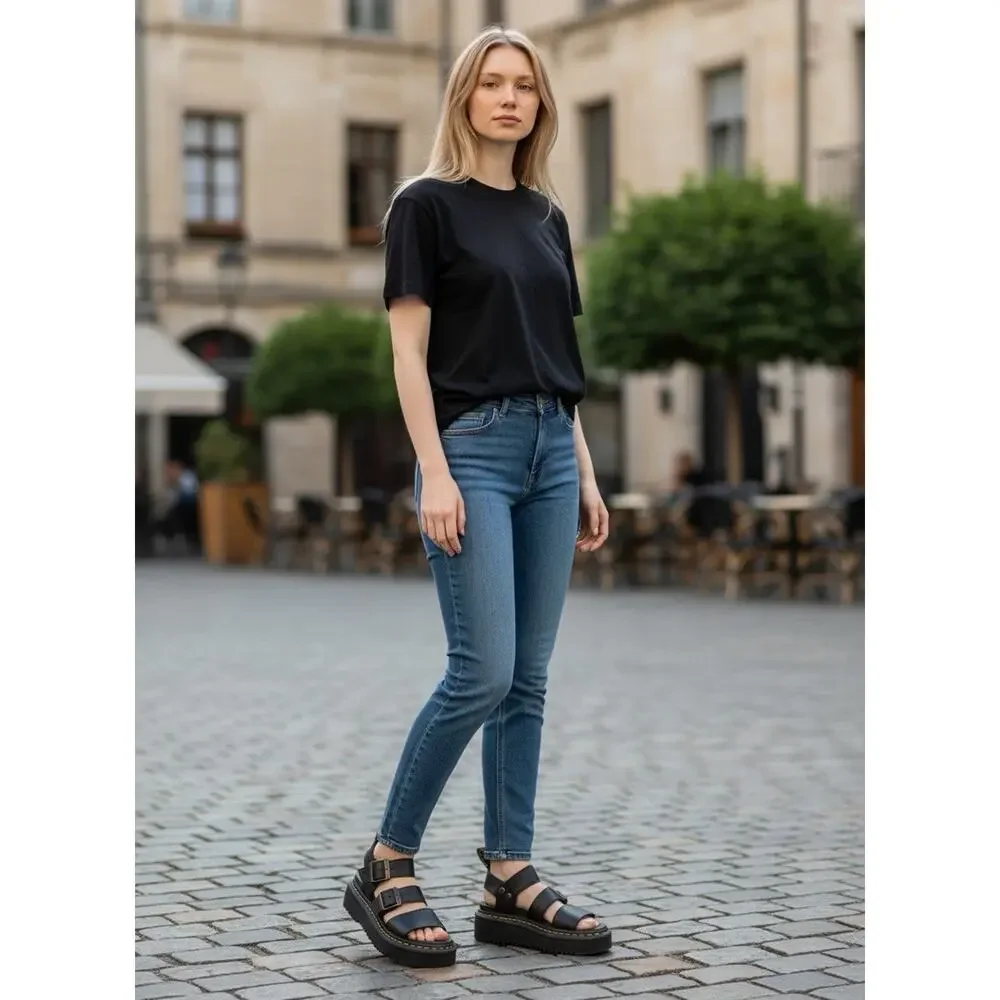 Dr. Martens Gryphon Black Pisa Leather Quad Platform Sandals Womens Size 5 EU 36